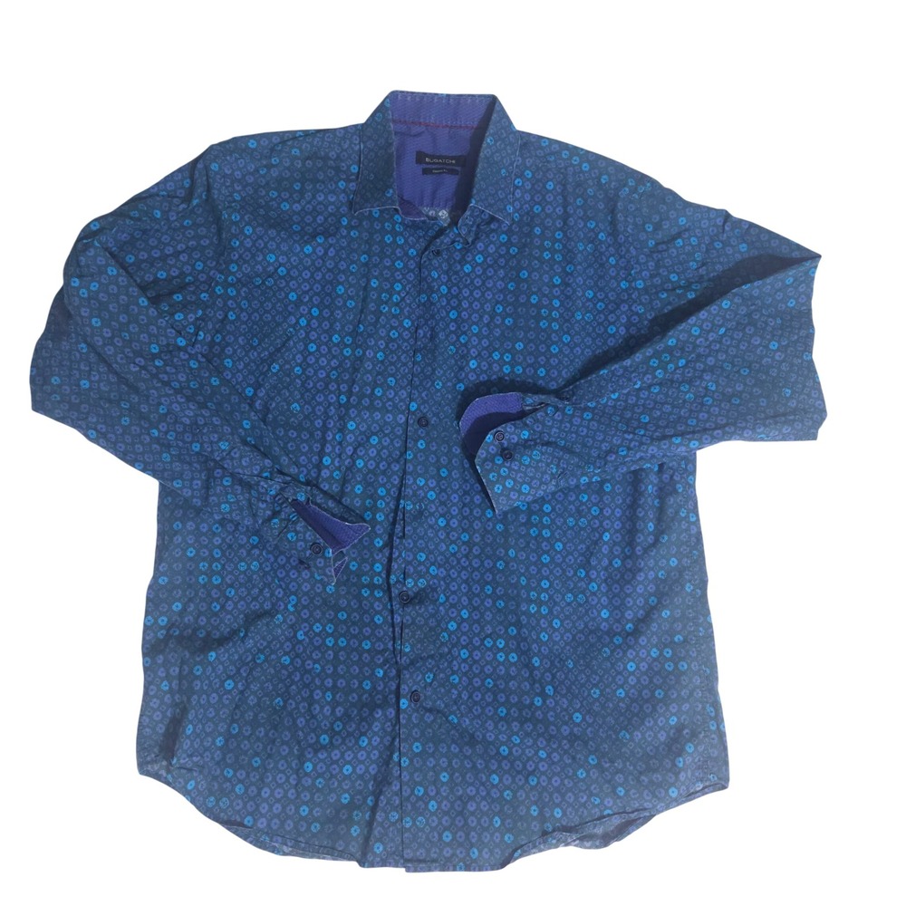 Bugatchi Uomo Mens Classic Fit Long Sleeve Button Down Shirt Blue Geometric XL